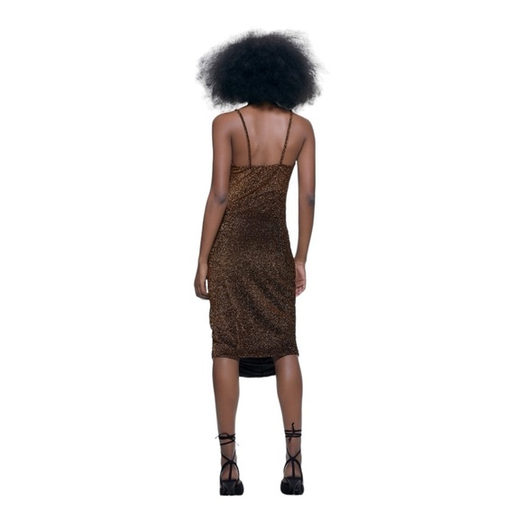 ZARA Gold Metallic Strappy Ruched Midi Slip Dress Small Blogger Favorite - Picture 7 of 14